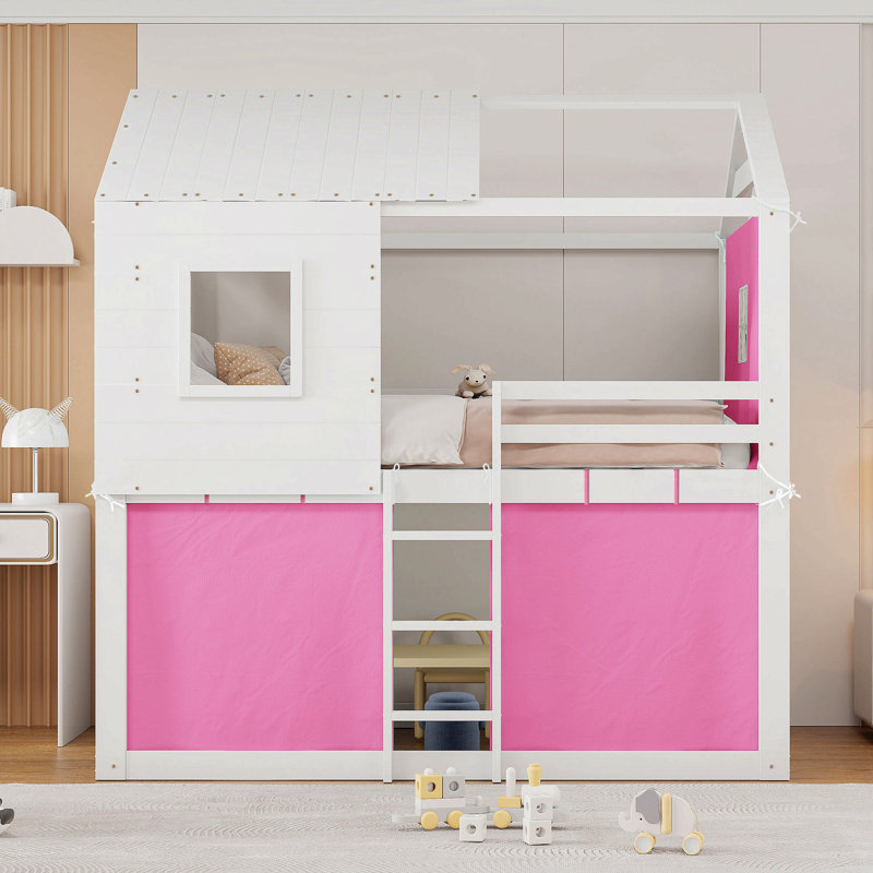 Lit double superposé en bois avec tente, Lit double, Rose/Blanc