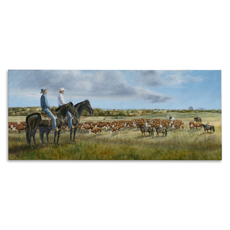 Art mural sur toile Cowboys & Bétail dans une vaste campagne, design par Carolyn Mock, H 17 po x l 40 po
