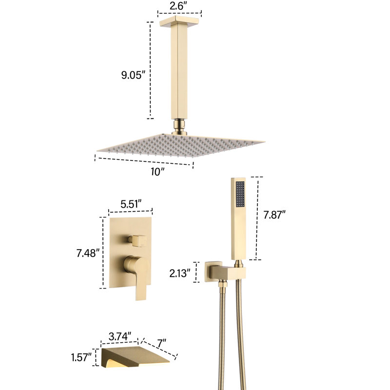 10Inch Shower System, Rain Faucet Exploring, Brushed Gold Stainless Steel, Balanced, 3 Alternating, , Wall Mounted Fastidiously Masking, Clinging