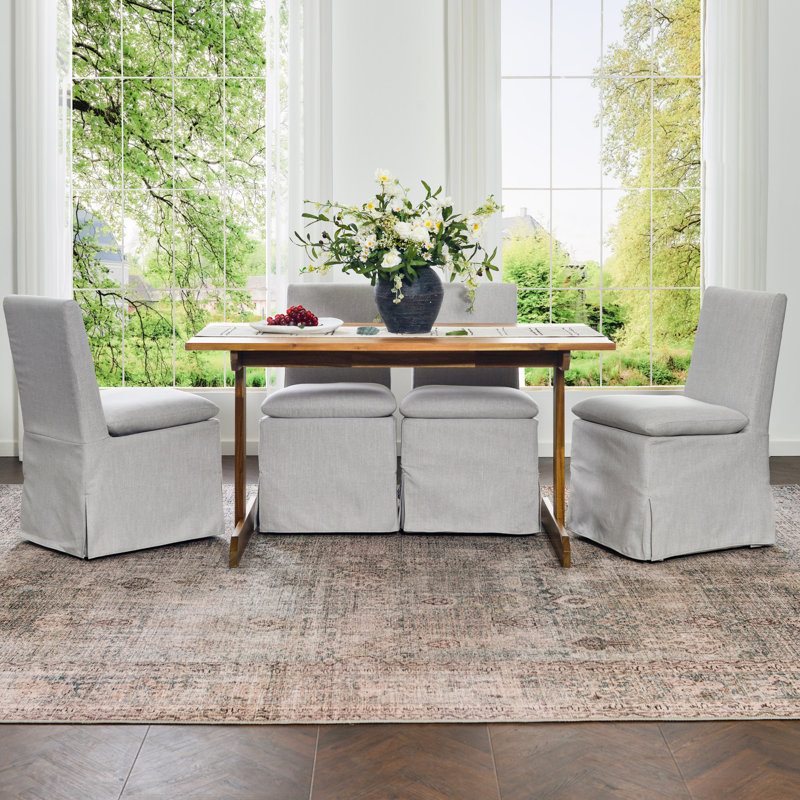 Charnika 20" Wide Performance Fabric Slipcover Upholstered Dining Side Chair with Casters (Set of 4), Light Gray