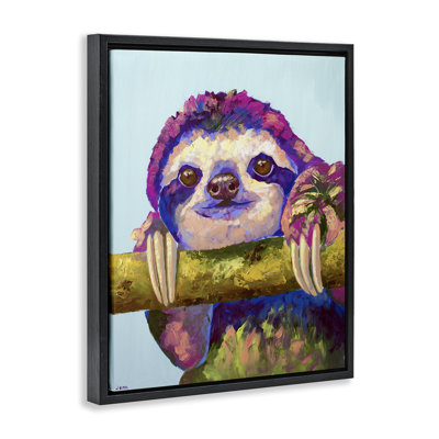 Vibrant Sloth Hanging on Branch Floating Frame, design by Jennifer Seeley