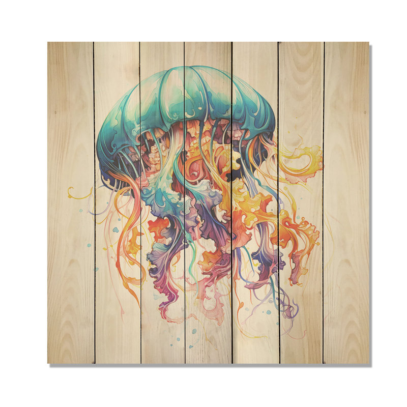 Méduse orange et bleue Jive IV - méduse sur bois, H 15 po x l 15 po
