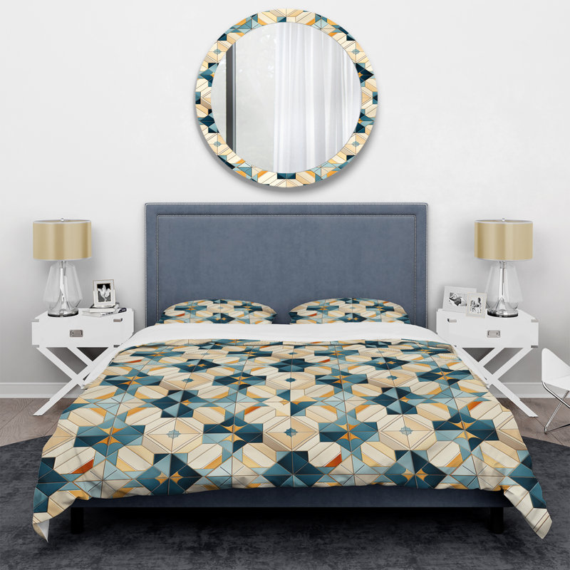 Natural Tones Grey And Beige Mosaic Geometric Shapes Duvet Cover, Queen Duvet Cover + 2 Standard Shams, Geometric Shapes 20