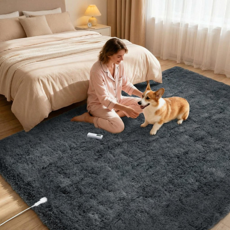 Wireless Heated Floor Mat 5x7, Electric Heated Rug with 6 Heat Settings & 2-10H Timer, Soft Plush Heating Mat Carpet Foot Warmer for Living Room Bedroom Office Game Room, Dark Grey