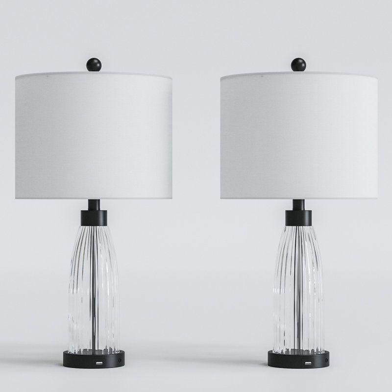 Aadyn 25 in. Black Modern Smart Dimmable Glass Metal For Bedroom Living Room Bedside Desk Nightstand Table Lamp With Linen Drum Shade And USB Port