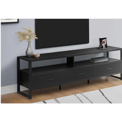 Meuble télé, 72 po, meuble multimédia, tiroirs de rangement, grain de bois noir, métal noir