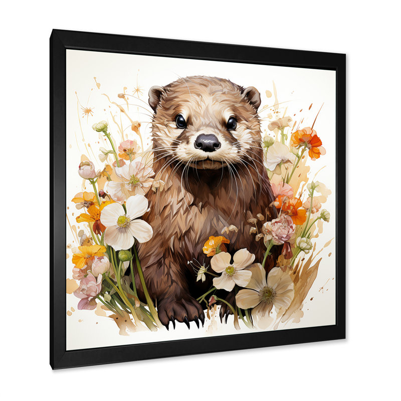 Loutre brune dans un pré fleuri II - loutre, art mural, H 16 po x l 16 po x P 1 po, Toile tendue