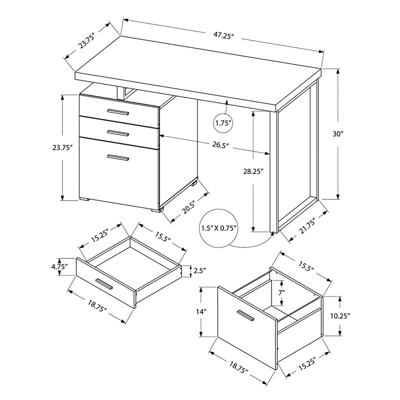 Bureau d'ordinateur Petrella, bureau à domicile, ordinateur portable, installation à gauche, à droite, tiroirs de rangement, L 48 po, bureau, métal, stratifié