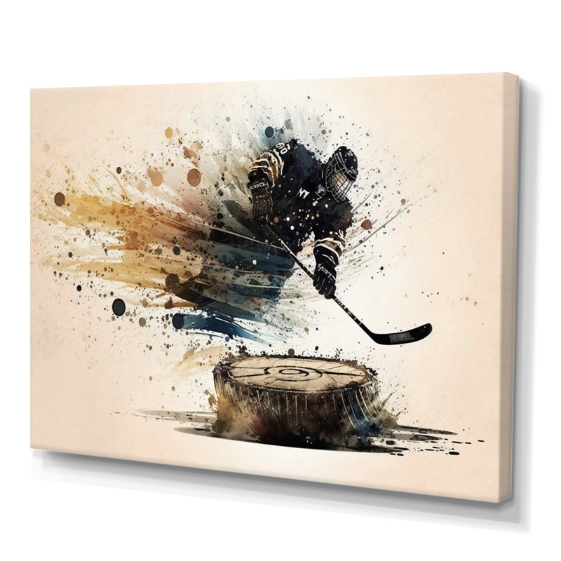 Joueur de hockey frappant une rondelle, H 24 po x l 32 po x P 1 po, Toile tendue