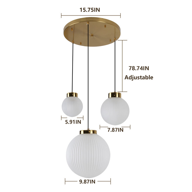 Lustre suspendu vintage en laiton à 3 lumières - Globes en verre côtelé dépoli de tailles assorties, luminaire suspendu pour îlot de cuisine, entrée, salle à manger
