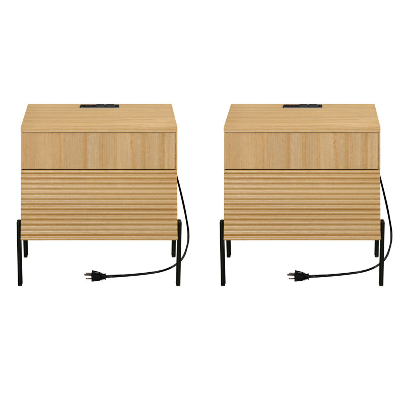 Laverda 2-Piece Modern Minimalist Nightstands Set - Reed Pattern Design, Built-In Usb Ports For Bedroom Furniture, Oak