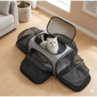 Collapsible soft pet travel carrier with four-sided expansion; features a removable fleece pad and shoulder straps; airline approved; dimensions: 17.5 x 11 x 11 inches.