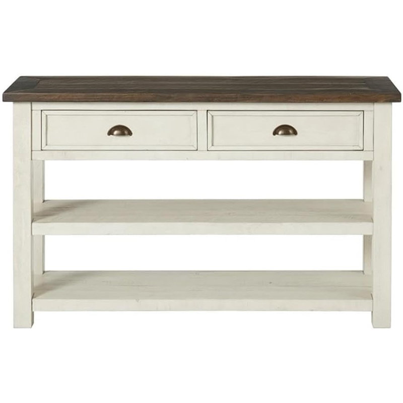 Console de canapé en bois massif, blanc crème avec plateau brun
