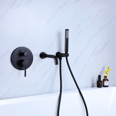Robinet de douche et baignoire mural noir mat avec 2 poignées - Matériau en laiton, - Valve équilibrée, Douche à main, Rouille, Nickel, Débit GPM, Comprend des vis à clips de fixation 2 - Laiton massif, - Équilibré,