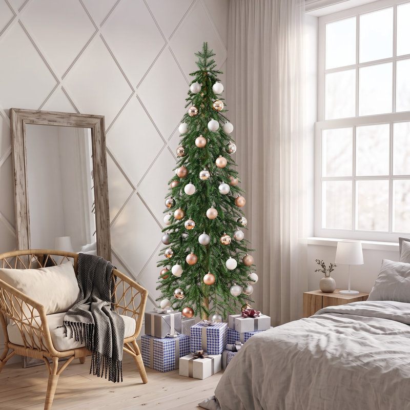 Sapin de Noël artificiel de 2,13 m (7 pi), faux sapin réaliste en pot avec tronc en bois véritable et aiguilles plates en PE - Sapin élancé et robuste avec base en fer pour une décoration moderne de maison, de bureau et d'entrée