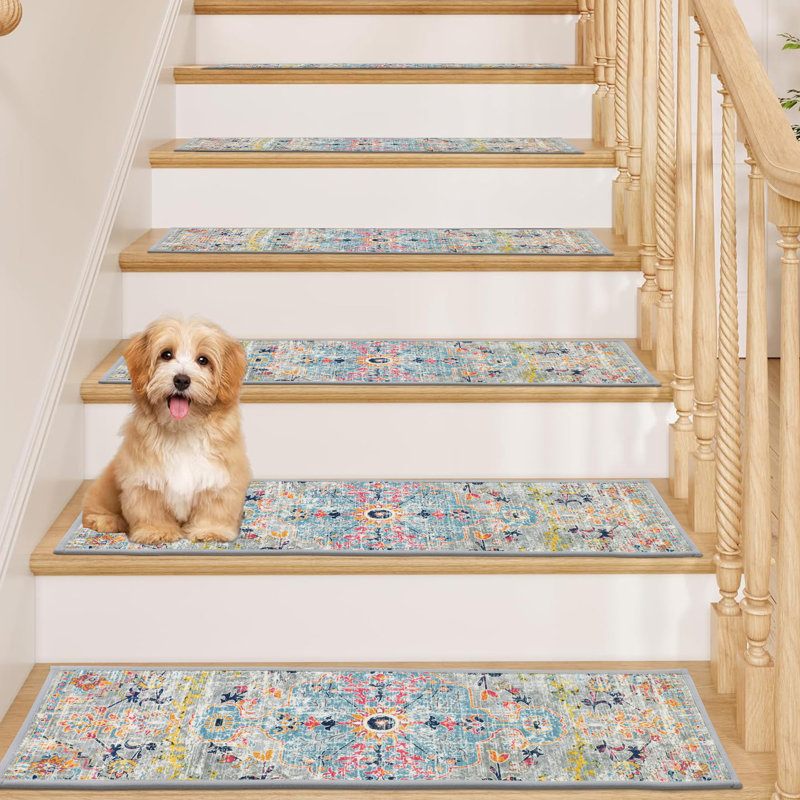 Tapis d'escalier antidérapants pour l'intérieur, Gris / orange / bleu