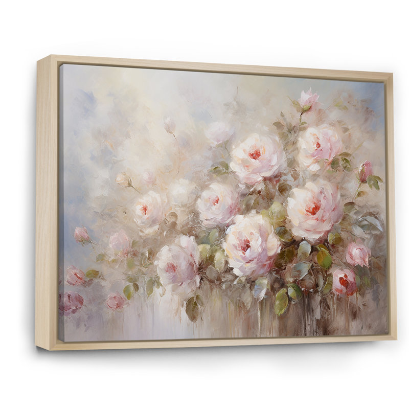 «Pink Roses Farmhouse Charm - Roses, art sur toile, H 12 po x l 20 po, Reproduction avec cadre flottant, Naturel