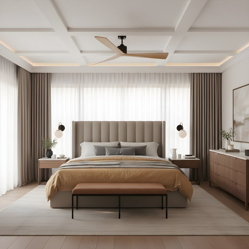  Adler 60 Indoor Ceiling Fan with Natural Honey ABS blades and Handheld Remote, Midnight Black, Natural Honey