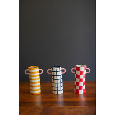 Kalalou Ceramic Cylinder Vases with Handles 8"H Multicolor Glazed Decorative Accents Set of 3