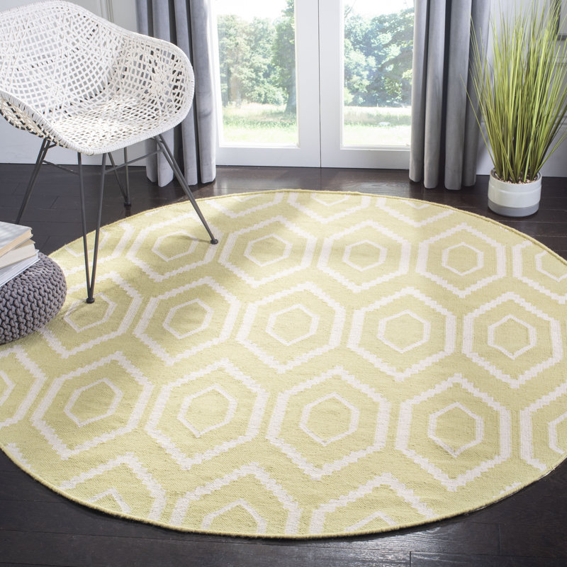 Dhurries Hand Woven Flat Weave Wool/Cotton Geometric Rug in Ivory/Green, Round 8'