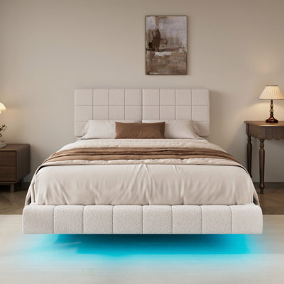 White Boucle Floating Bed With Light, Queen Size, Soft Fabric, Futuristic Design, And Easy Cleaning For Modern Bedrooms