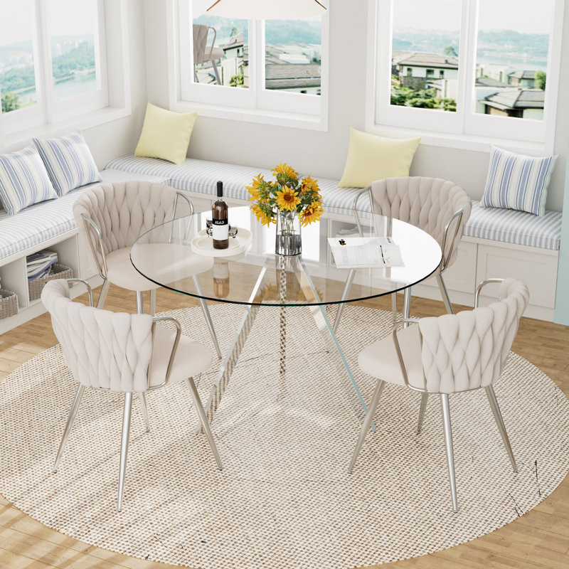 Ensemble de table ronde en verre pour 2 à 4 personnes, Beige, 5 pièces: table, 4 chaises, H 29,5 po x l 47 po x P 47 po