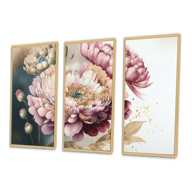 «Pink and Gold Zinnia Flowers I», reproduction sur toile flottante 3 pièces, H 28 po x l 36 po x P 1 po, Encadré naturel