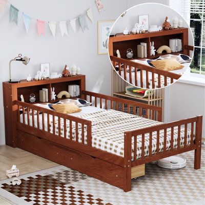 Lit simple avec rangement pour tête de lit et garde-corps pour un sommeil confortable, noyer