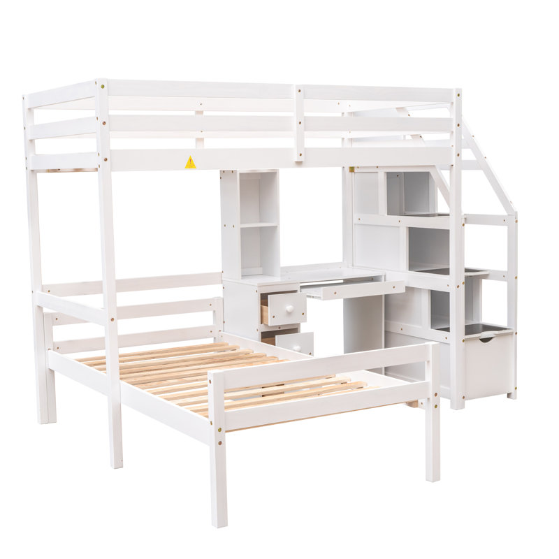 Lit superposé en L simple au-dessus de simple avec bureau intégré Ffyon, Blanc