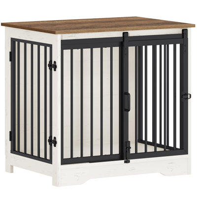 Dog Crate Furniture, 69 cm Double Door Wooden Dog Crate with Barn Door, Indoor Kennel, End Side Table Wooden Animal Crates for Small Dogs, Anti-Chew Anti-Escape