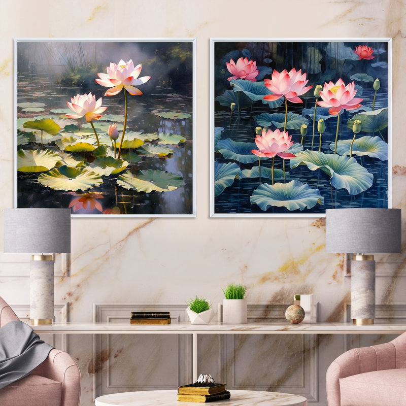 Aquarelle lotus lotus de sagesse - lot de 2 lotus carrés, Cadre flottant blanc, H 30 po x l 61 po