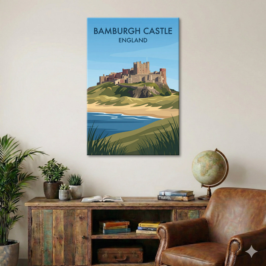 Bamburgh Castle, England - Timeless Coastal Romance Travel Poster. Giclée Print On Wrapped Canvas. Wall Art, Home Decor - Castles & Palaces, England -