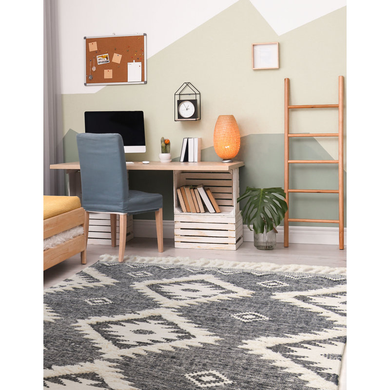 Tapis gris en laine tissé à plat à la main Shriver Southwestern, Rectangle 9 pi x 12 pi 2 po