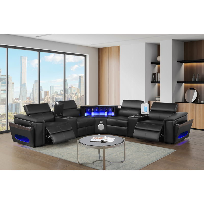 Canapé modulaire de style moderne Nova avec 2 consoles (lampe de lecture + réfrigérateur), coin avec haut-parleur Bluetooth, DEL et armoire à vin relevable - noir