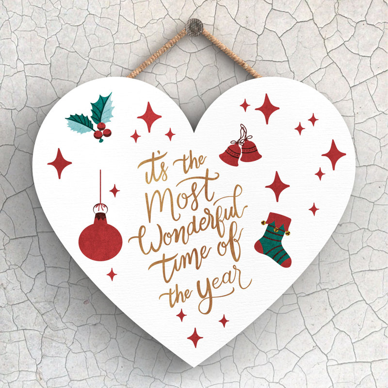 Xmas the Most Wonderful Time Heart Wooden Plaque, 16cm H x 17cm W x 0.9cm D
