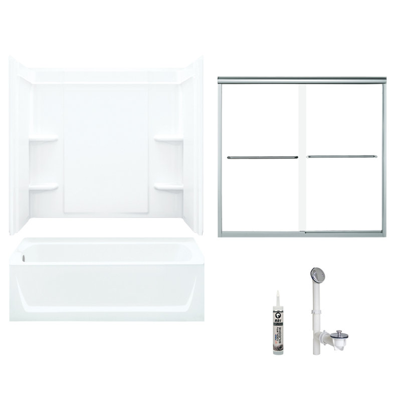 60" W x 77" H Frameless Rectangle Sliding Tub & Shower Kit with Towel Bar and Base Included, Silver