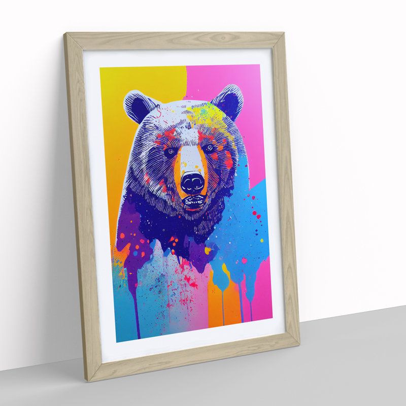 Colourful Bear No.1 - Wall Art, 36cm H x 27cm W x 2cm D, Oak Framed, White