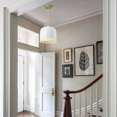 Hollow-Out Dome Pendant Light - 1-Light Metal Frame, Adjustable 12''-90'', Gold/White Finish