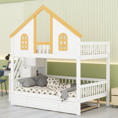 Wooden Playhouse Bunk Bed with Window, Door, Storage Stairs & Trundle