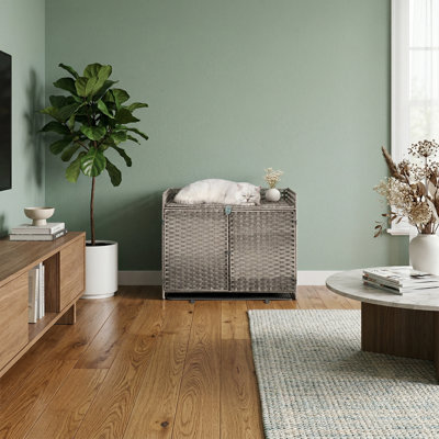Grand bac à litière en rotin caché à la main avec 2 tapis de 30,3 po x l 18,2 po x H 24,2 po, pouvant servir de maison de chat ou de table d'appoint pour le salon / couloir, bois de frêne