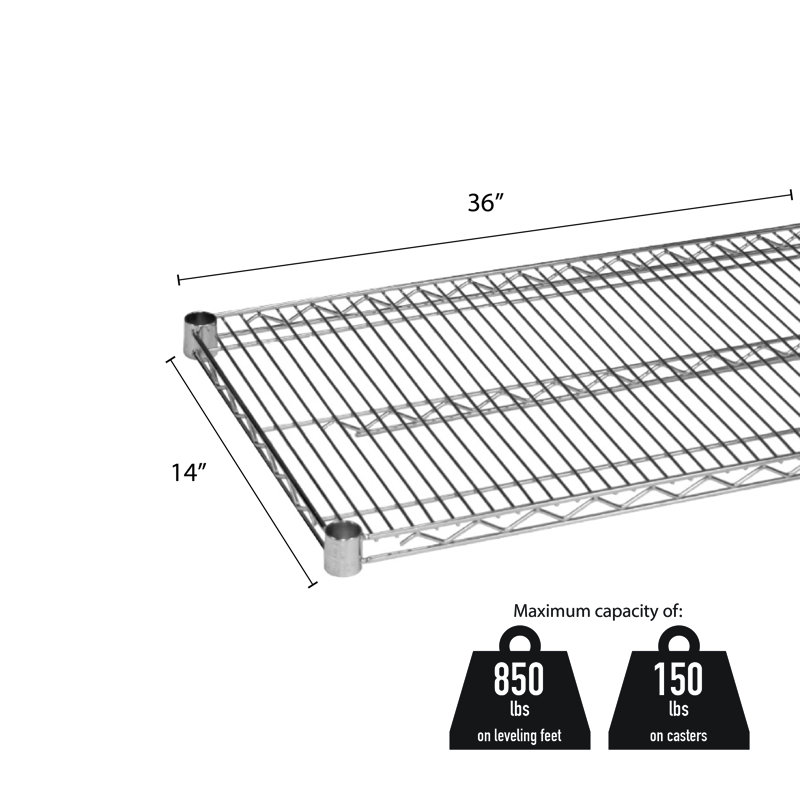  Wire Shelf with 4 Plastic Clips Shelving Unit Add-on, Chrome, 1" H x 36" W x 14" D