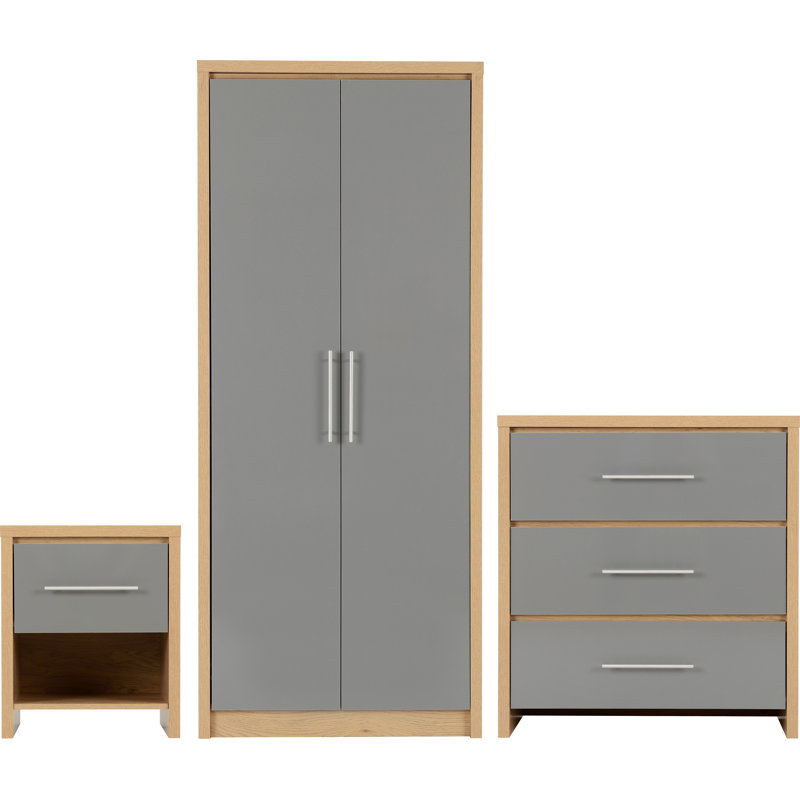 Louisa 3 Piece Bedroom Set, Light Oak Veneer/Grey High Gloss
