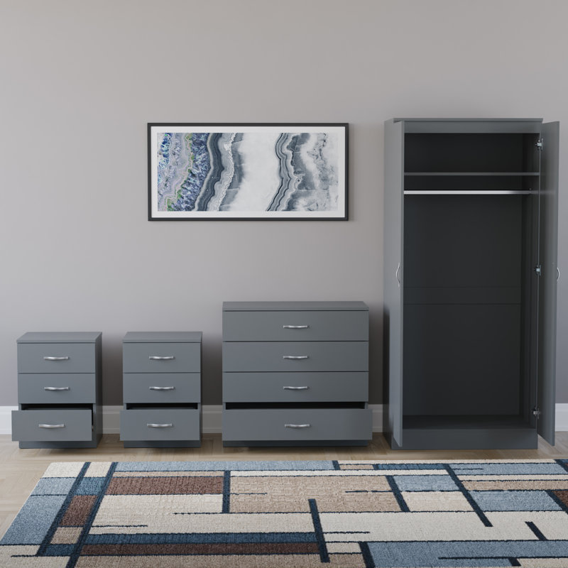 Tayce 4 Piece Bedroom Set (3 Drawer Bedside Cabinet X2, 4 Drawer Chest, 2 Door Wardrobe), Grey