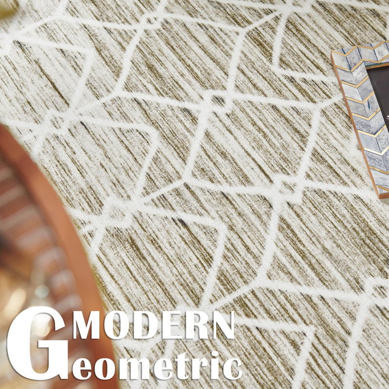 Moroccan Geometric Non Slip Washable Tan Runner Rug, Runner 2' x 5'