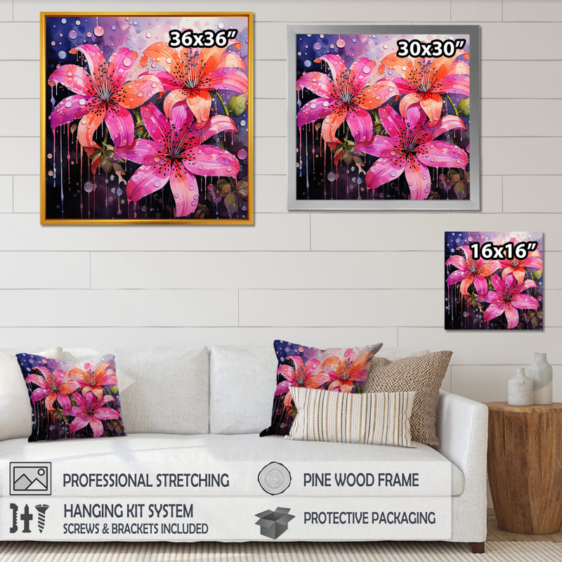 Fleurs délicates de gouttelettes de fuschia rose - art mural fuchsia, H 16 po x l 16 po x P 1 po, Cadre flottant noir