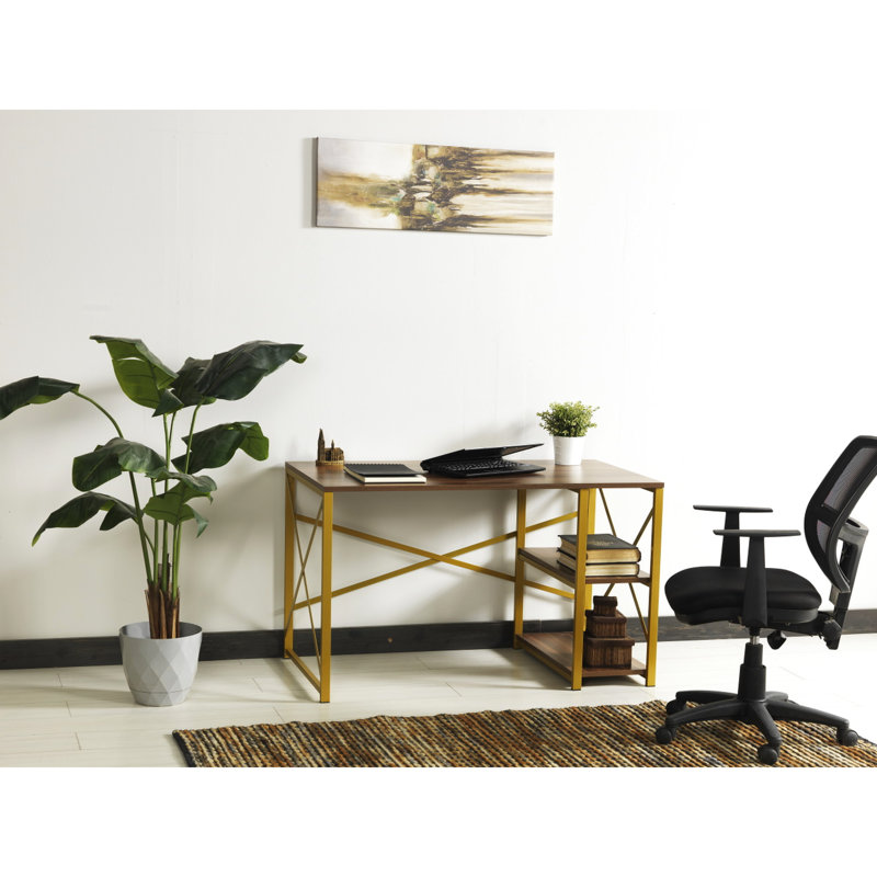 Bureau d'écriture en bois massif pour bureau à domicile, 47 po x 25 po 28 po, 2 tablettes, ornement en métal