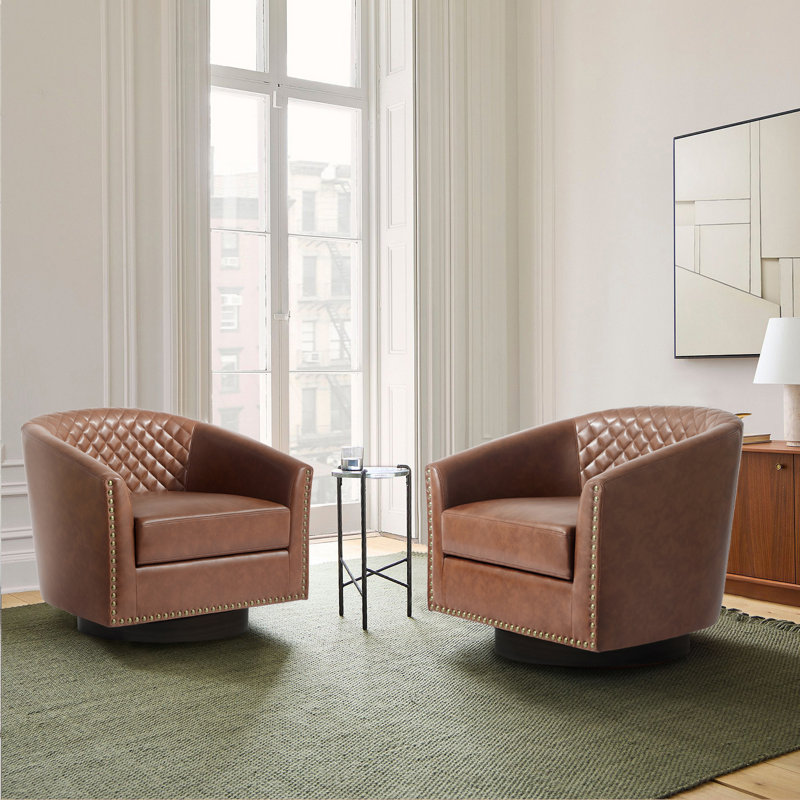 75.2Cm Wide Tufted Swivel Barrel Chair, Brown Faux Leather