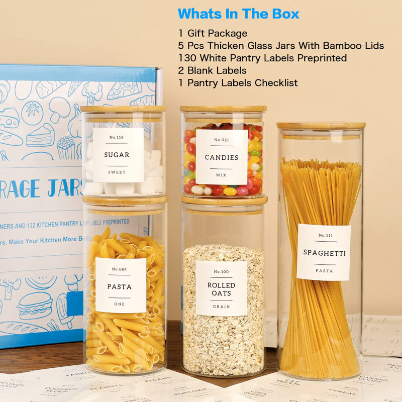 5 Pcs Glass Food Storage Containers With 132 Pantry Labels Preprinted - Thicken(3Mm) Jars Airtight Bamboo Lid Stackable Kitchen Canisters Set
