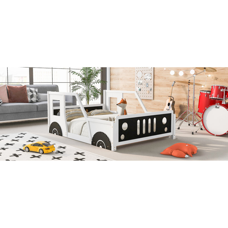 Lit plateforme double blanc avec caractéristique classique en forme de voiture et roues - Structure en bois de pin faite pour durer