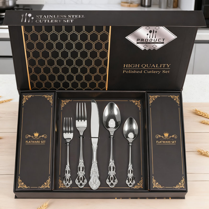 Ensemble 60 pièces d'argenterie royale rétro avec boîte-cadeau, ensemble de couverts en acier inoxydable pour 12 personnes, ensemble de couverts poli miroir avec un élégant design en relief creux, vaisselle allant au lave-vaisselle